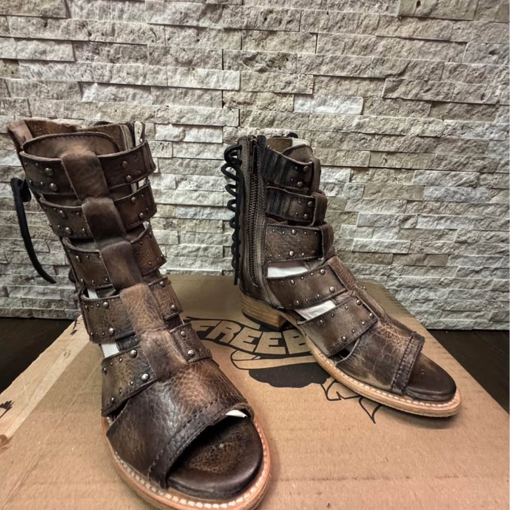 freebird Brown Studded Gladiator Mule Boots